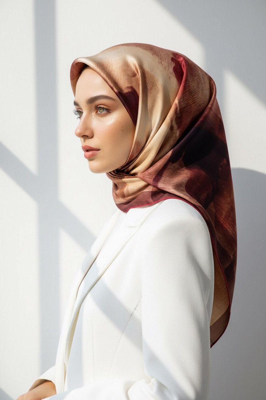 %100 Twill İpek Yaprak Desenli Bordo Renkli 90x90 Eşarp Dikim Şekli : El Dikişi