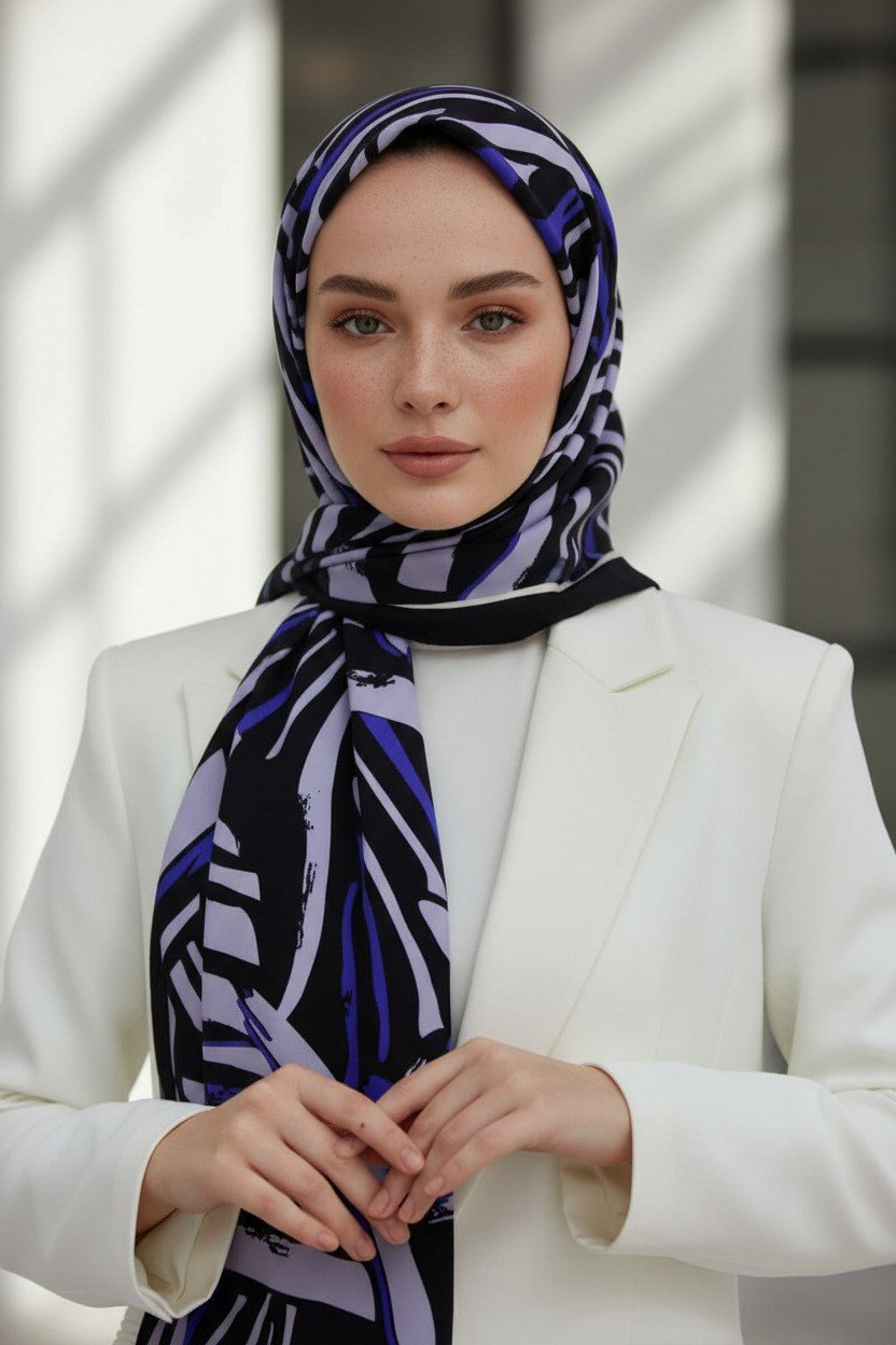 KREP ÇİZGİ DESENLİ İNDİGO RENKLİ 75X195 KIRIŞMAZ ŞAL