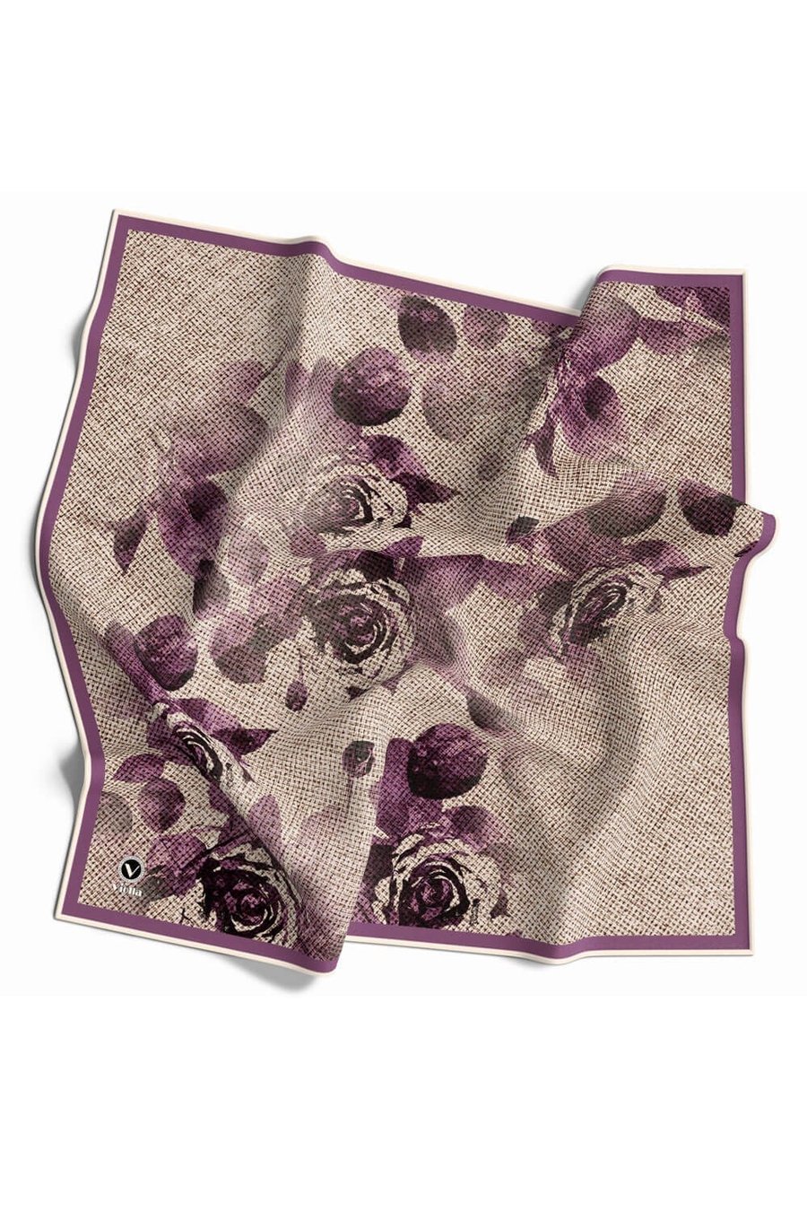 Twill Gül Desenli Mürdüm Renkli 90x90 Eşarp (İpek İçermez) Kenar Dikiş Şekli El Dikişli