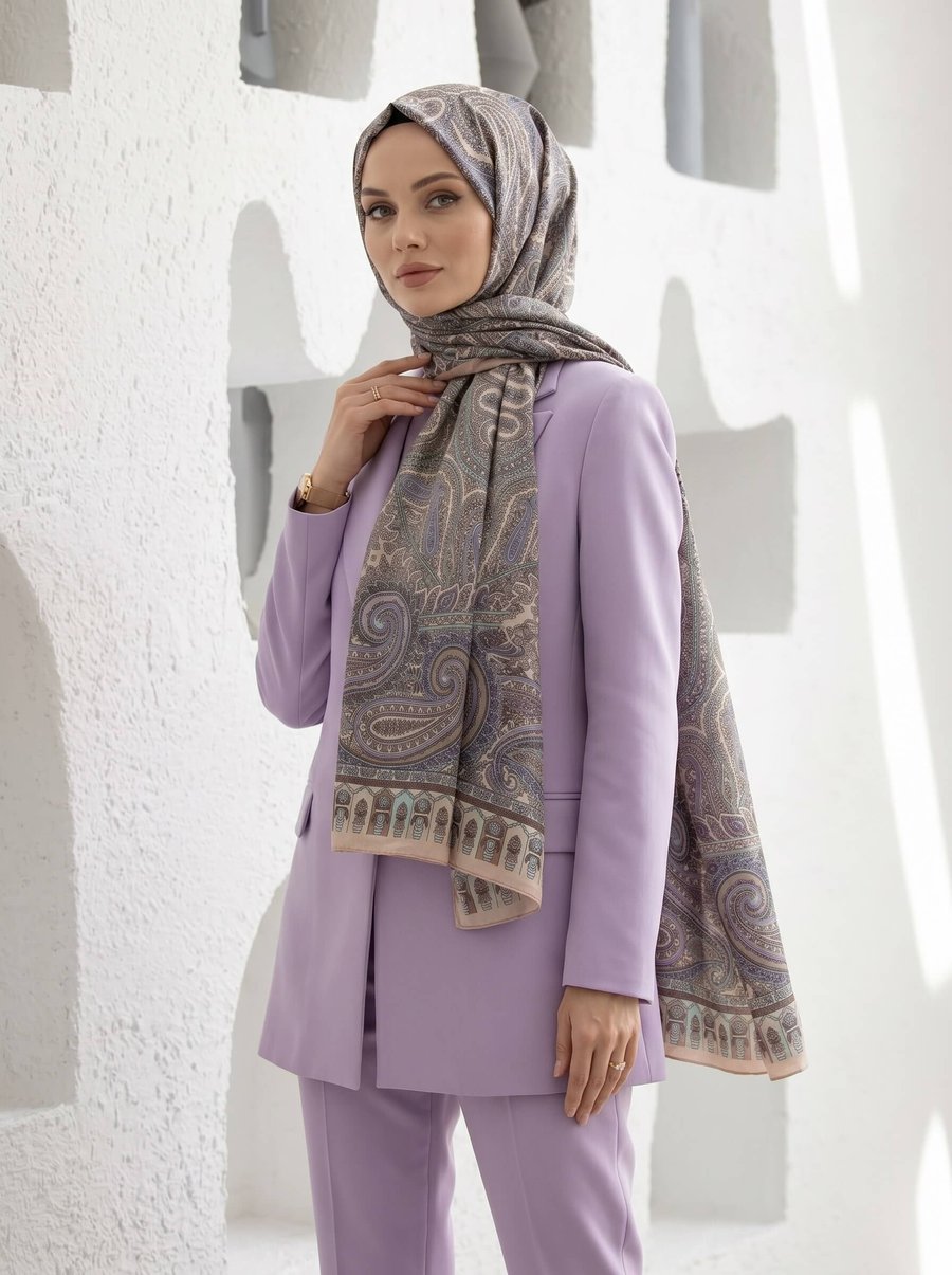 %100 Saf İpek Şal İnce Saten Vual Dokuma Etro Desenli Somon Renkli 90x210 Şal