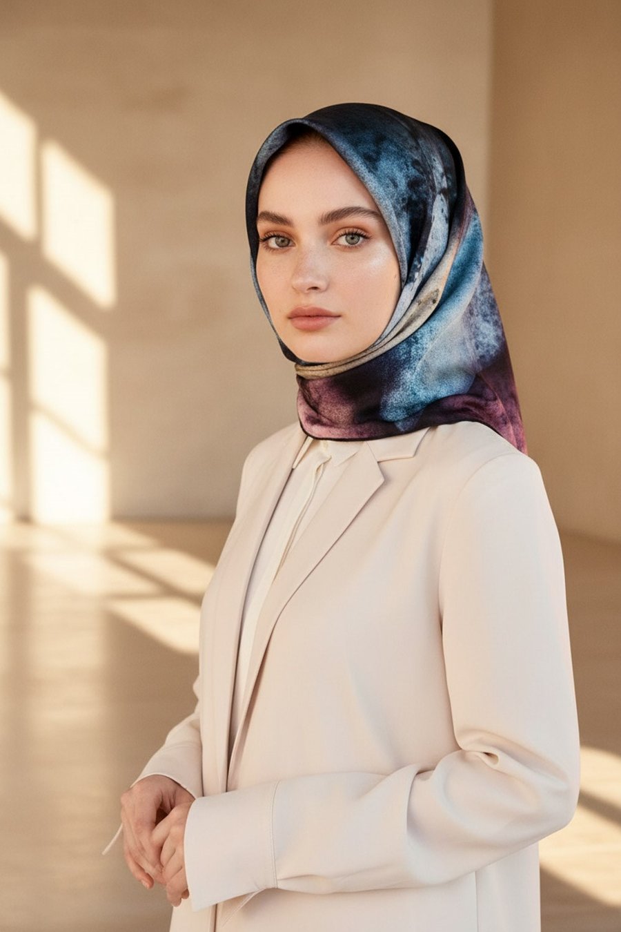 %100 Twill İpek Dokulu Ve Geometrik Desenli Mint Yeşili - Lila Renkli 90x90 Eşarp Dikim Şekli : El Dikişi