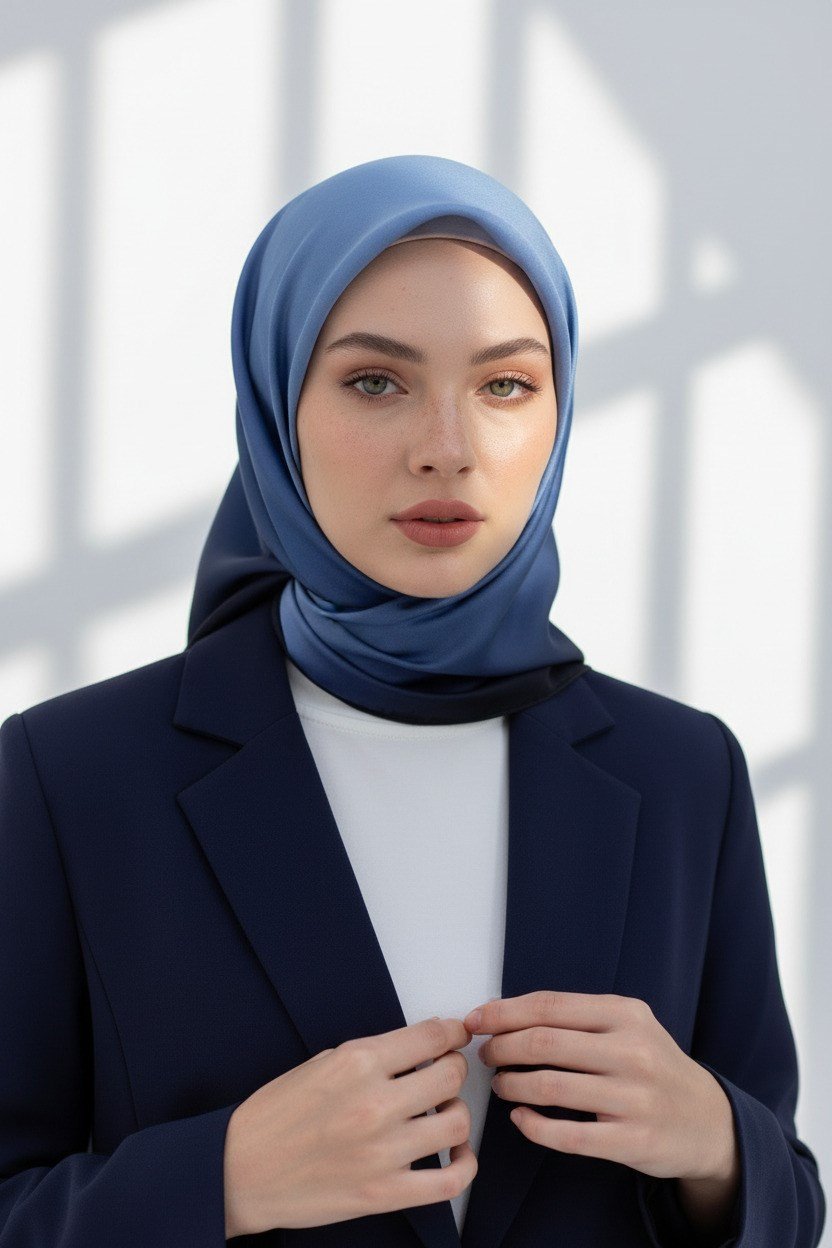 %100 Twill İpek Degrade Desenli Buz Mavisi Renkli 90x90 Eşarp Dikim Şekli : El Dikişi