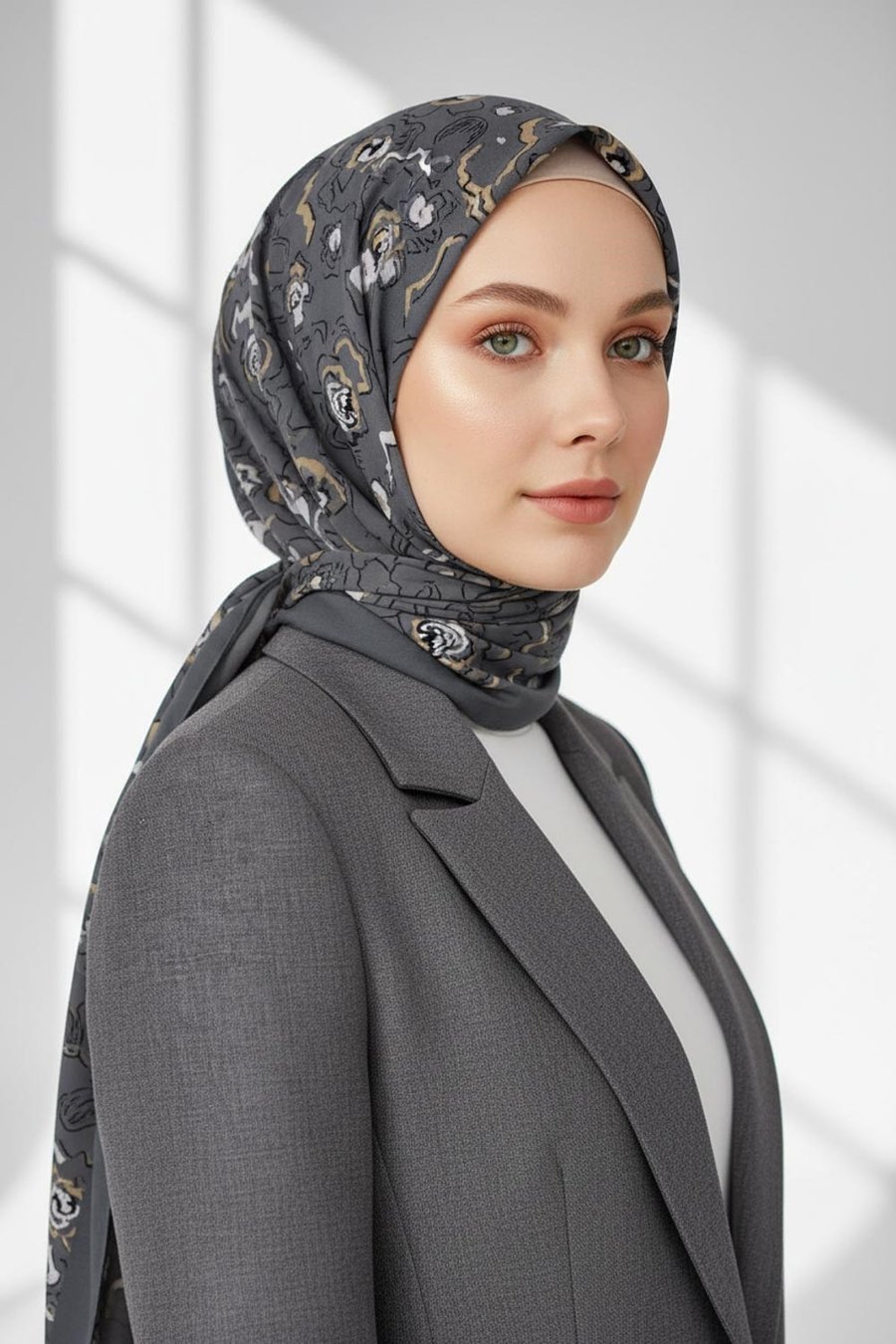 KREP ÇİÇEKLİ FÜME - BEJ RENKLİ 75X195 KIRIŞMAZ ŞAL