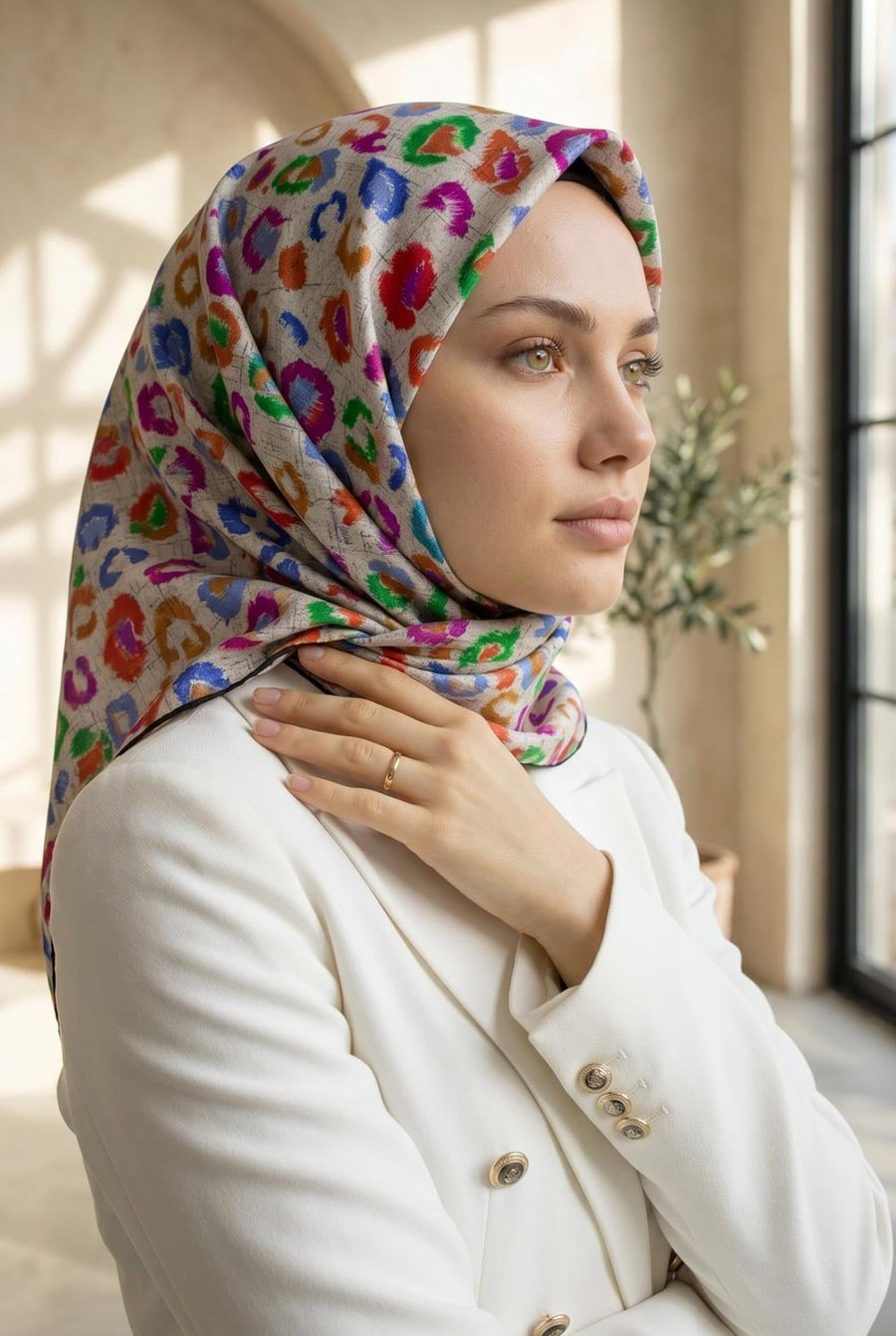 %100 Twill İpek Renkli Leopari Desenli Turuncu - Saks Renkli 90x90 Eşarp Kenar Dikiş Şekli El Dikişli