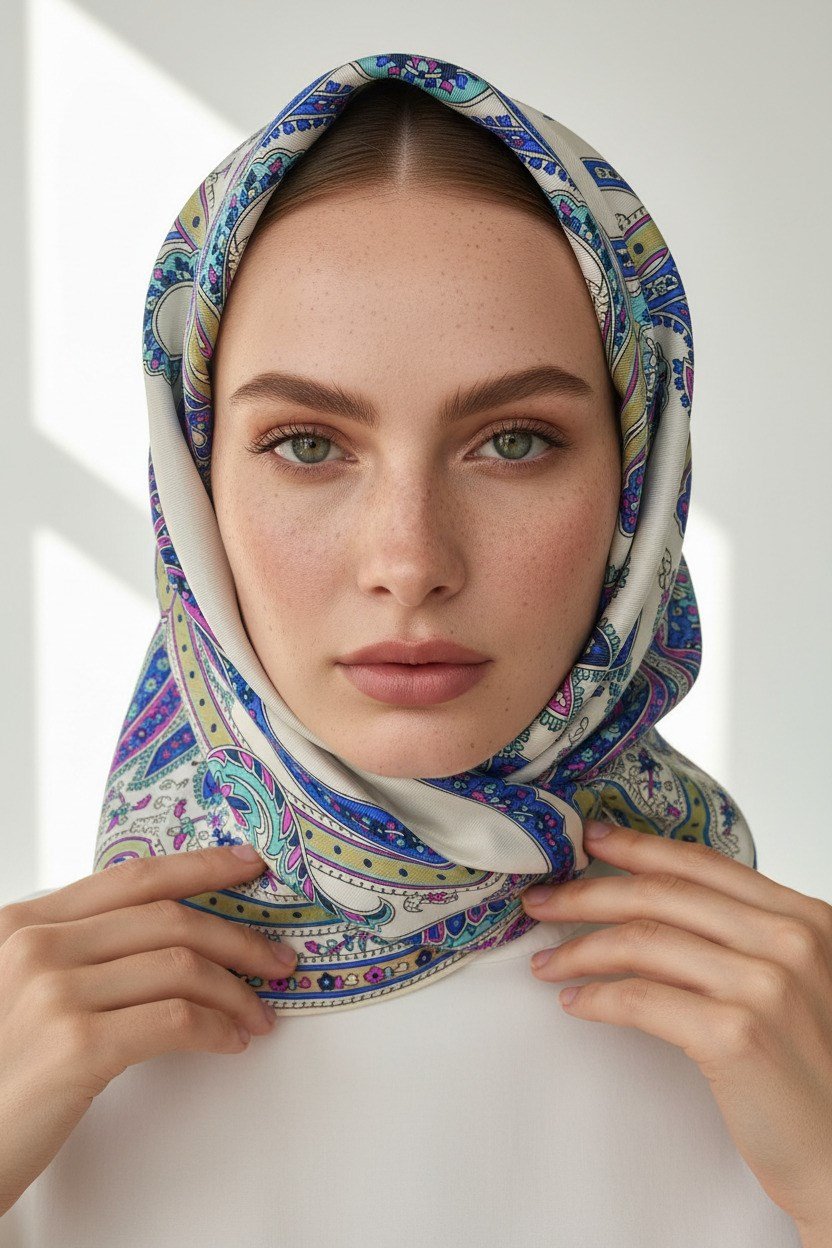 %100 Twill İpek Şal Desenli Krem - Saks Renkli 90x90 Eşarp Dikim Şekli : El Dikişi