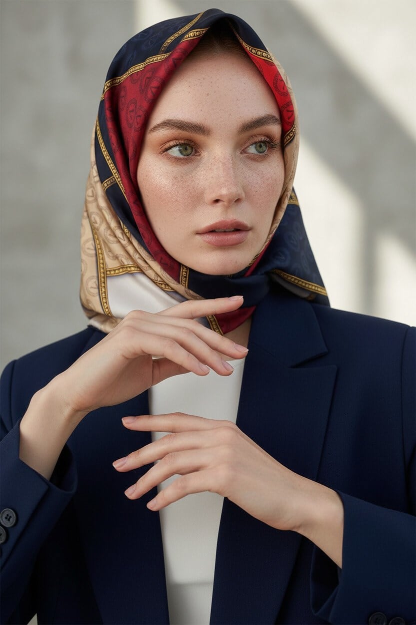 %100 Twill İpek Geometrik Desenli Lacivert - Kırmızı Renkli 90x90 Eşarp Dikim Şekli : El Dikişi