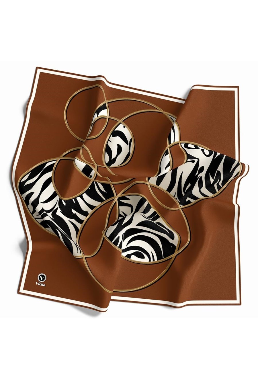 Soft Çember ve Zebra Desenli Taba Renkli 90x90 Eşarp (İpek İçermez) Kenar Dikiş Şekli El Dikişli
