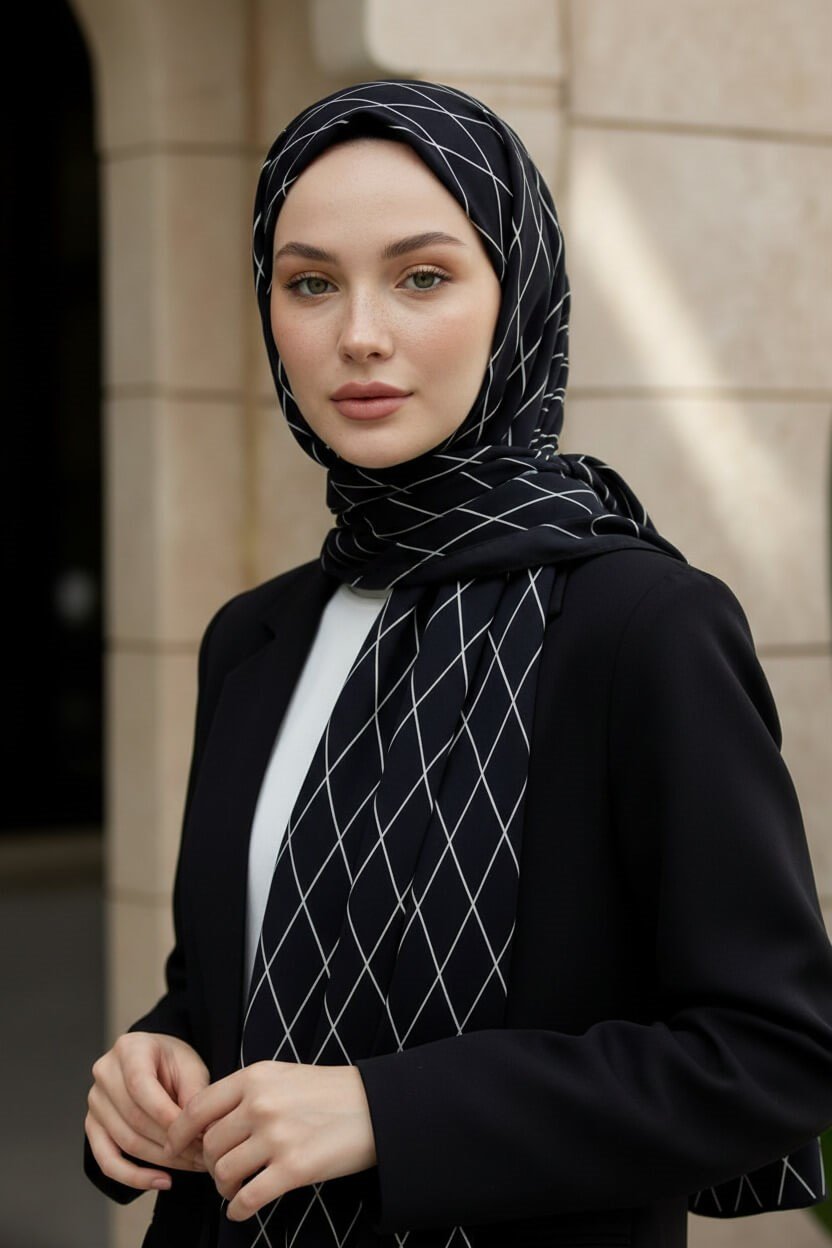 KREP GEOMETRİK DESENLİ SİYAH RENKLİ 75X195 KIRIŞMAZ ŞAL