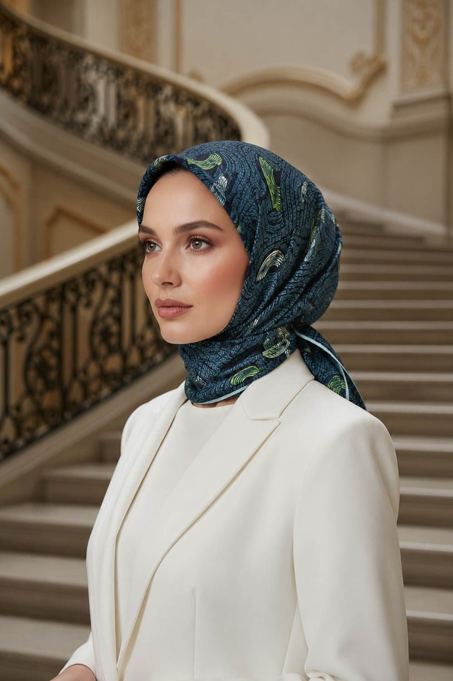 %100 Twill İpek Geometrik Desenli Petrol Mavisi - Lacivert Renkli 90x90 Eşarp Dikim Şekli : El Dikişi