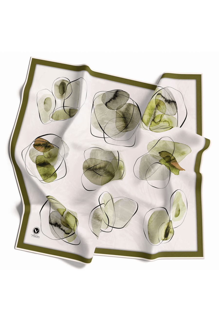 Twill Sulu Boya Geometrik Desenli Haki Renkli 90x90 Eşarp (İpek İçermez) Kenar Dikiş Şekli El Dikişli