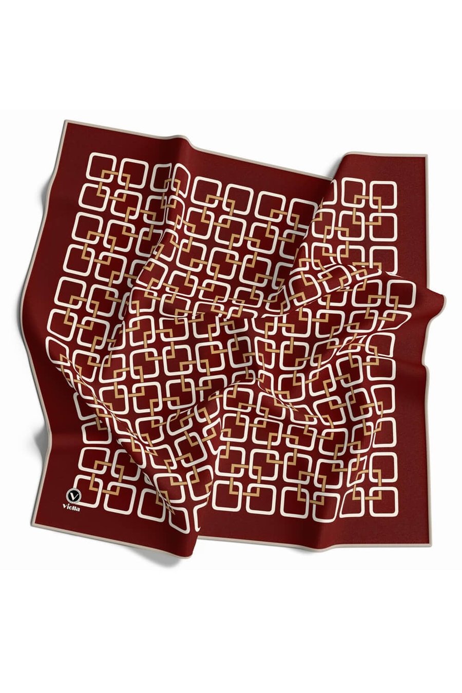 Twill Geometrik Desenli Bordo Renkli 90x90 Eşarp (İpek İçermez) Kenar Dikiş Şekli El Dikişli