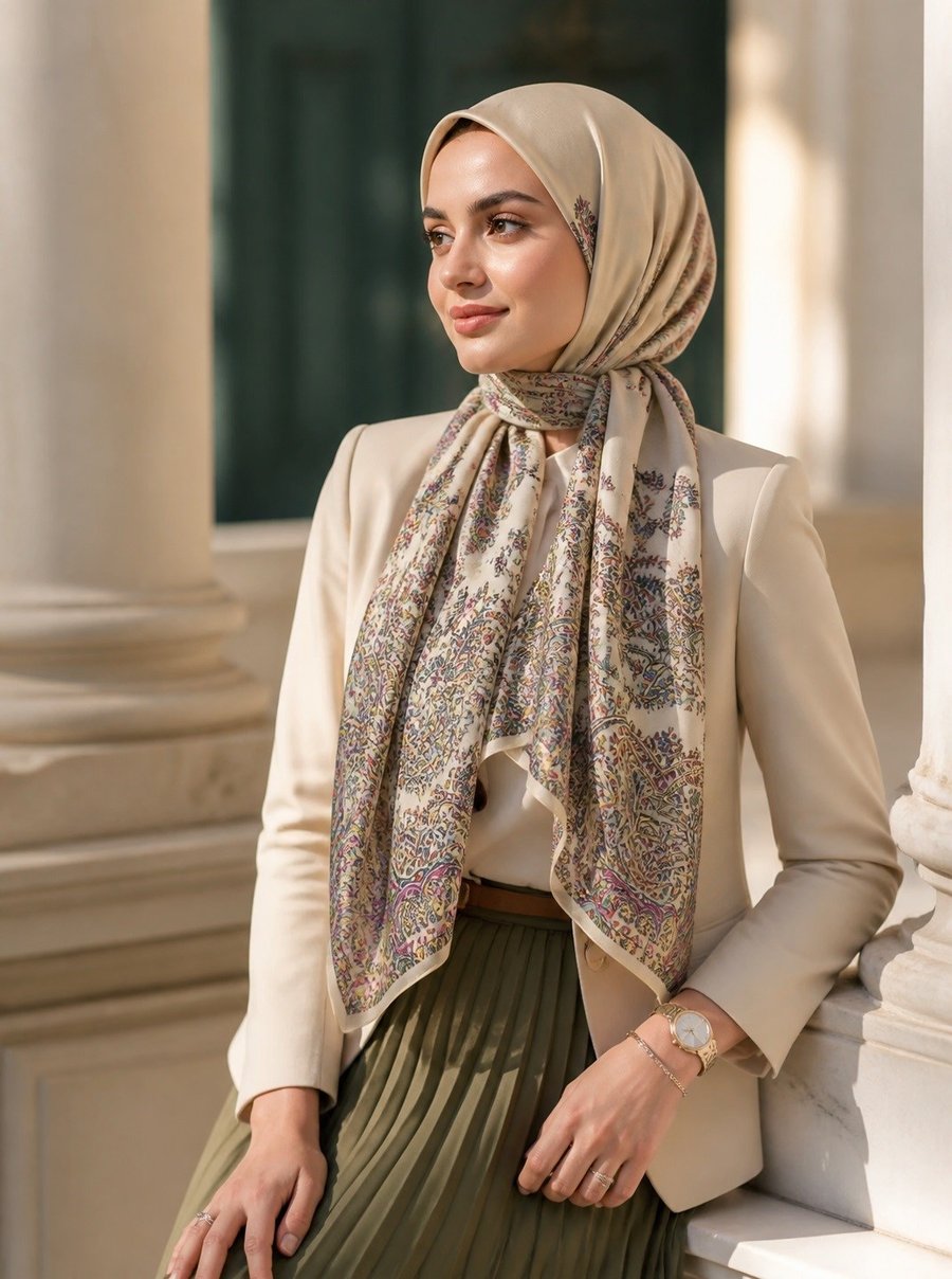 %100 Saf İpek Şal İnce Saten Vual Dokuma Etnik Desenli Krem - Haki Renkli 90x210 Şal