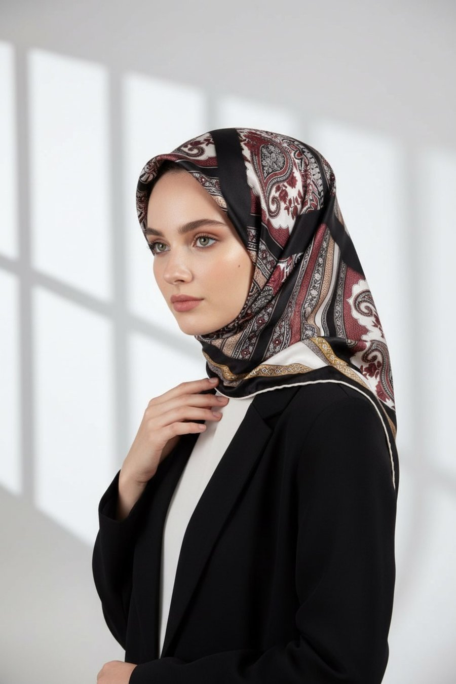 Twill Şal Desenli Siyah Renkli 90x90 Eşarp (İpek İçermez) Kenar Dikiş Şekli El Dikişli