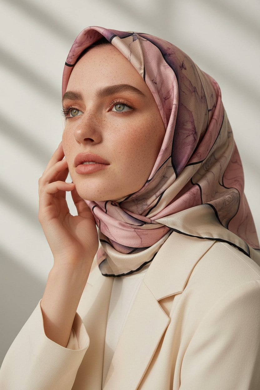 %100 Twill İpek Mermer Desenli Somon - Pudra Renkli 90x90 Eşarp Dikim Şekli : El Dikişi