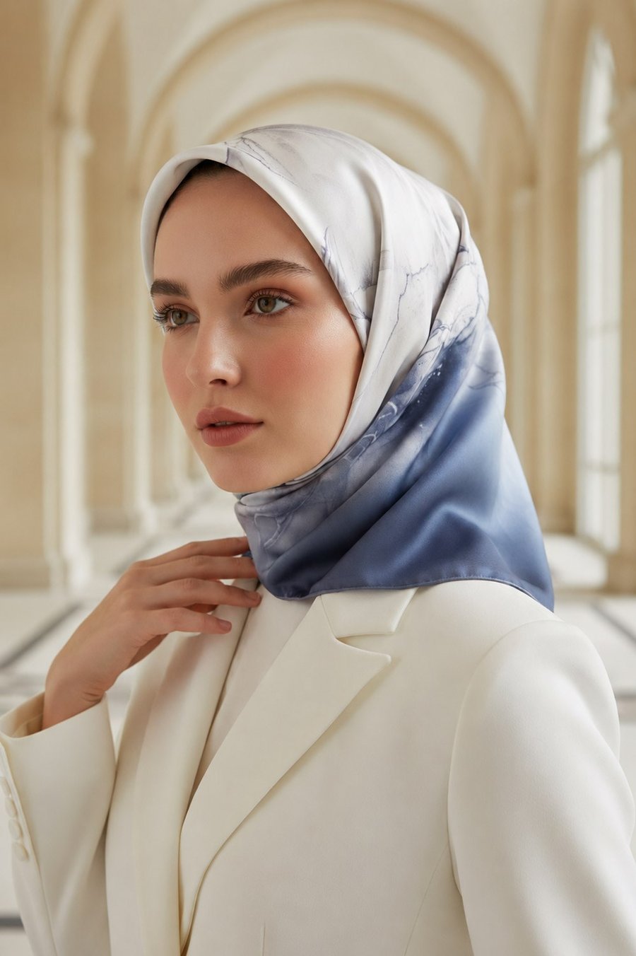 %100 Twill İpek Duman Desenli Krem - Gri Renkli Renkli 90x90 Eşarp Dikim Şekli : El Dikişi
