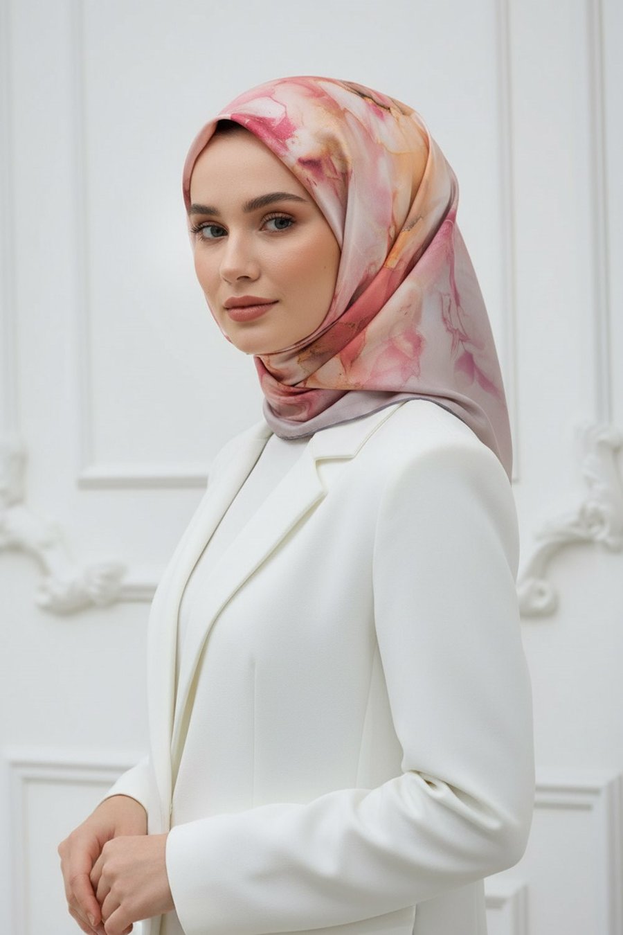 %100 Twill İpek Duman Desenli Vizon - Taba Renkli Renkli 90x90 Eşarp Dikim Şekli : El Dikişi