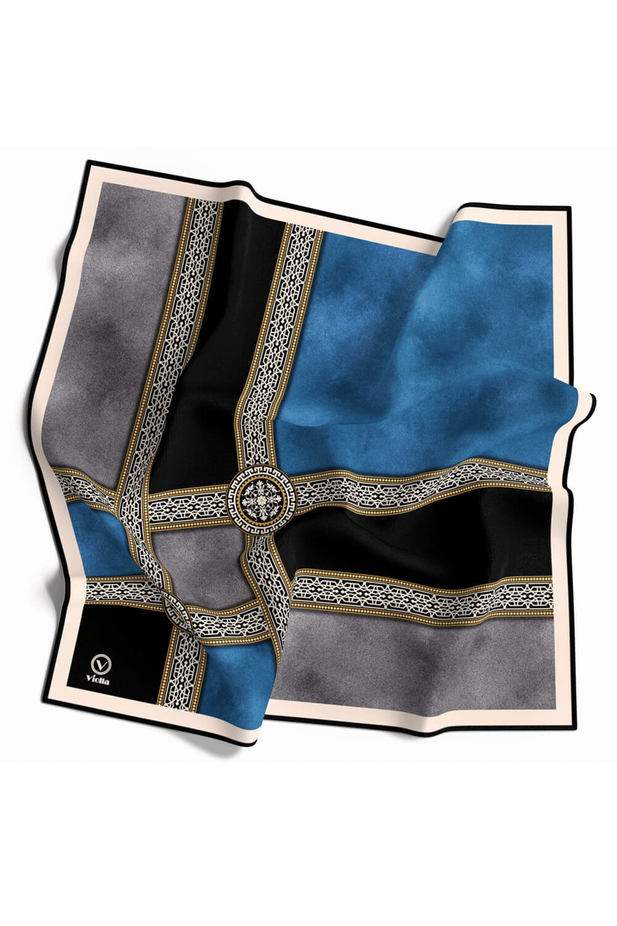 Twill Geometrik Desenli Turkuaz Renkli 90x90 Eşarp (İpek İçermez) Kenar Dikiş Şekli El Dikişli