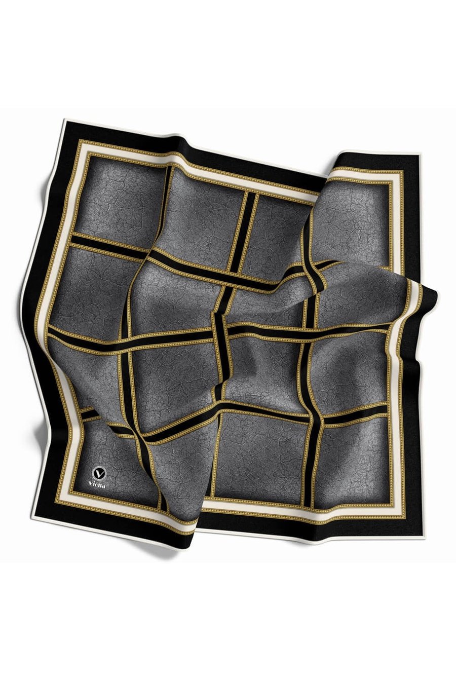 Kristal Taş Efektli Gold Şerit Desenli Gri Renkli 90x90 Eşarp (İpek İçermez) Kenar Dikiş Şekli El Dikişli