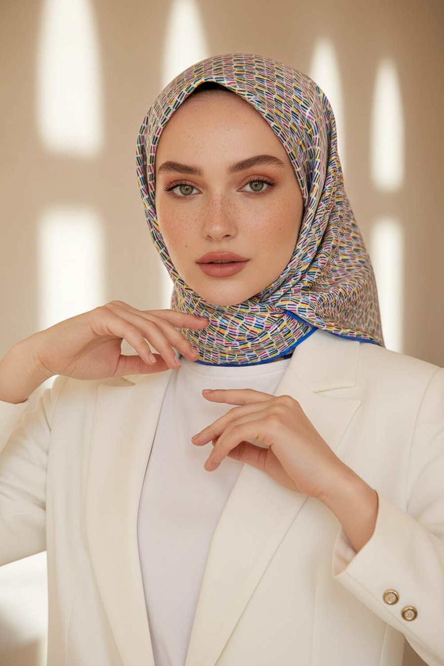 %100 Twill İpek Çizgi Desenli Saks Renkli 90x90 Eşarp Dikim Şekli : El Dikişi