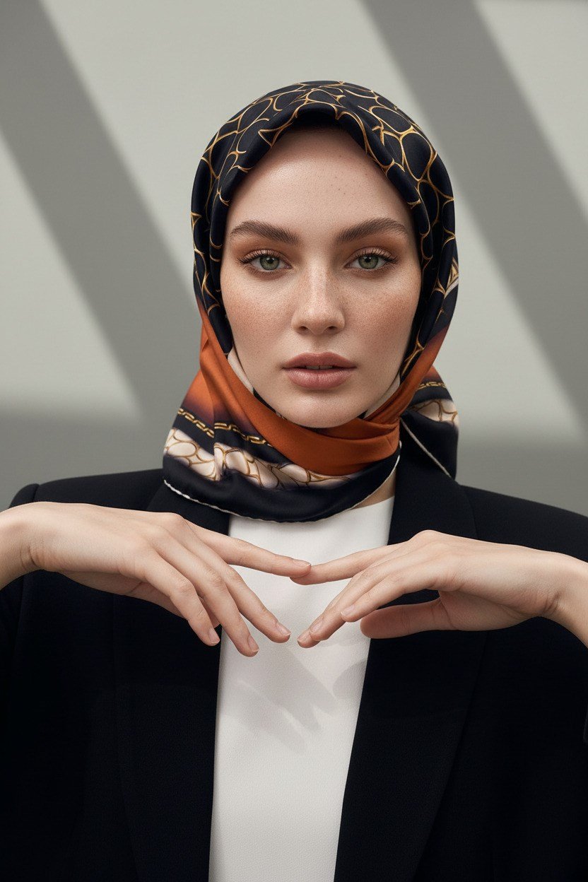 %100 Twill İpek Gold Halka Desenli Taba - Siyah Renkli 90x90 Eşarp Dikim Şekli : El Dikişi