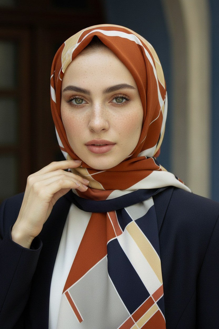 KREP GEOMETRİK DESENLİ TABA RENKLİ 75X195 KIRIŞMAZ ŞAL