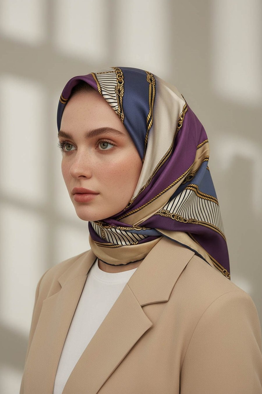 % 57 İPEK % 43 VİSKON Twill İpek Zincir Detaylı Geometrik Desenli İndigo - Mor Renkli 90x90 Eşarp Dikim Şekli : El Dikişi