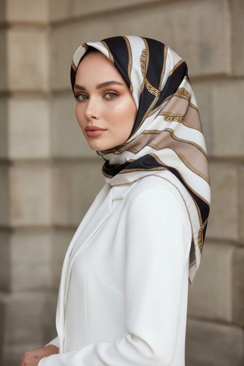 %100 Twill İpek Kemer Desenli Siyah - Vizon Renkli 90x90 Eşarp Dikim Şekli : El Dikişi