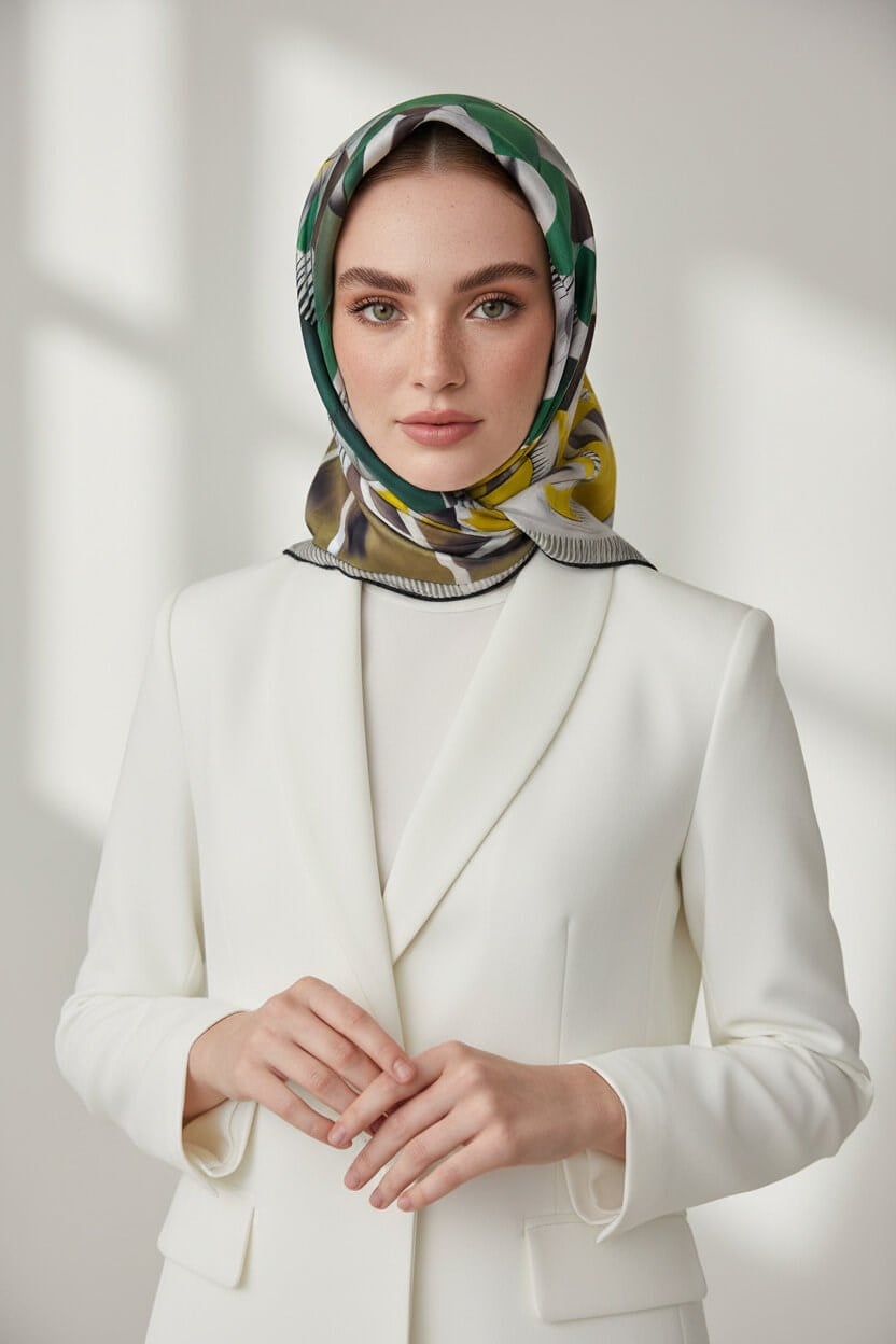 %100 Twill İpek Geometrik Desenli Sarı - Benetton Yeşili Renkli 90x90 Eşarp Dikim Şekli : El Dikişi