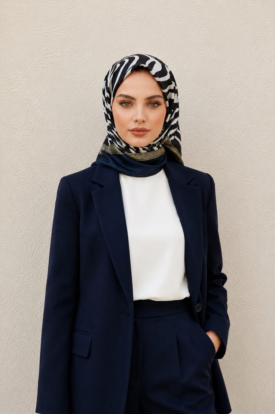 % 57 İPEK % 43 VİSKON Twill İpek Zebra Desenli Lacivert - Gold Renkli 90x90 Eşarp Dikim Şekli : El Dikişi