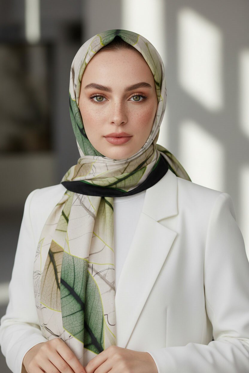KREP YAPRAK DESENLİ ZÜMRÜT YEŞİLİ RENKLİ 75X195 KIRIŞMAZ ŞAL