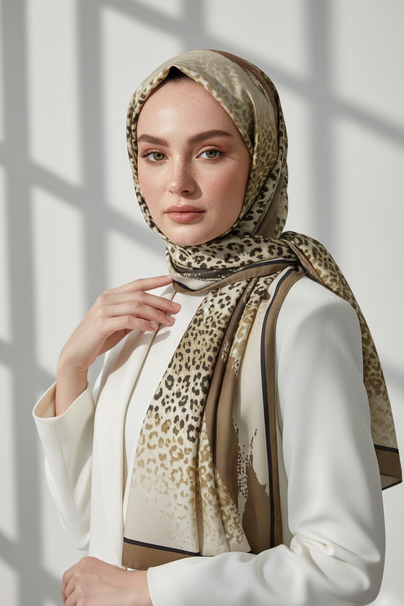 KREP RENKLİ FIRÇA VE LEOPAR DESENLİ VİZON RENKLİ 75X195 KIRIŞMAZ ŞAL