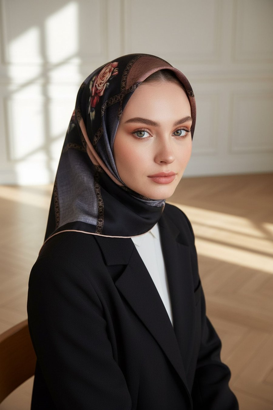 %100 Twill İpek Dokulu Çiçekli Ve Geometrik Desenli Pudra - Siyah Renkli 90x90 Eşarp Dikim Şekli : El Dikişi