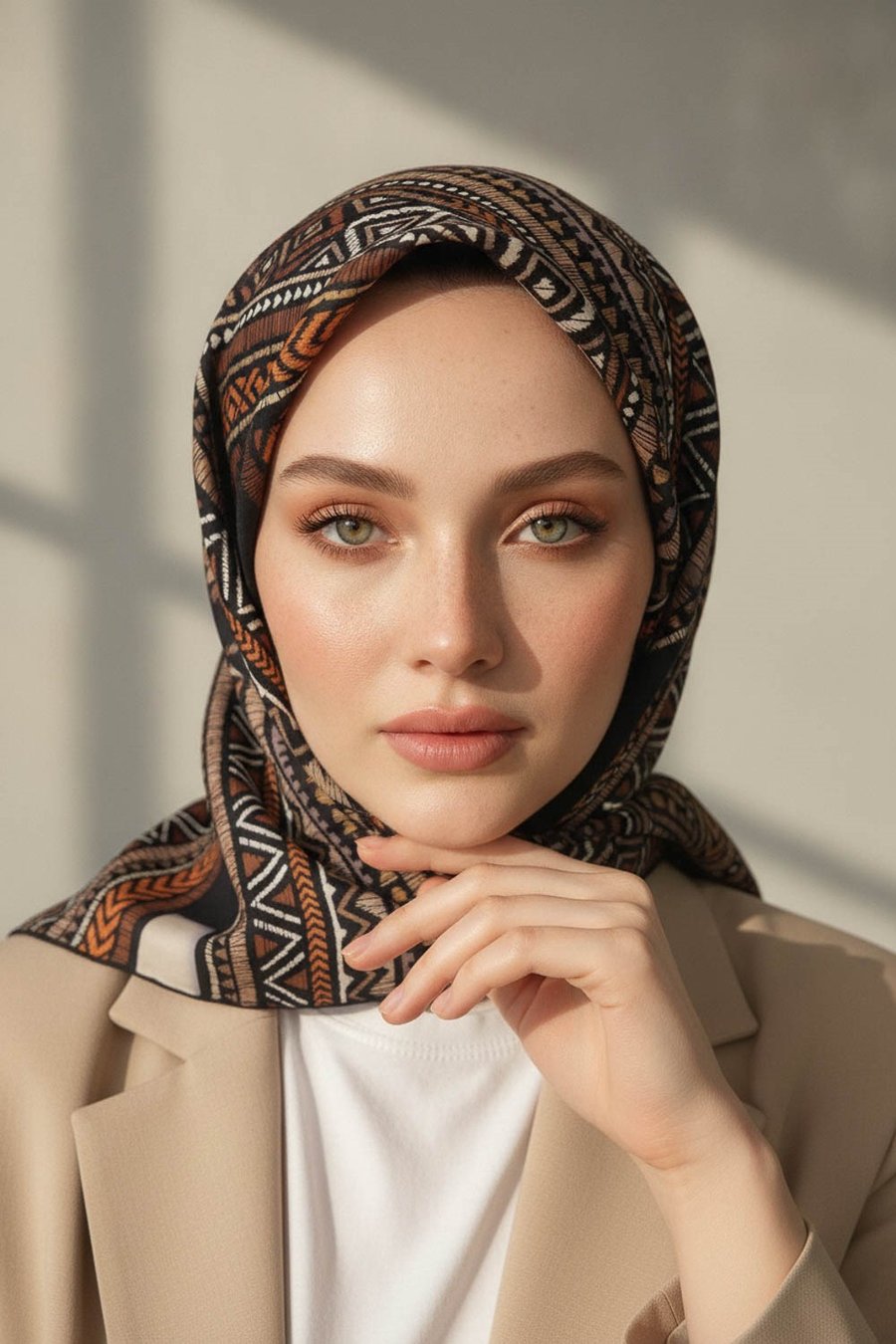 %100 Twill İpek Etnik Desenli Siyah - Taba Renkli 90x90 Eşarp Dikim Şekli : El Dikişi
