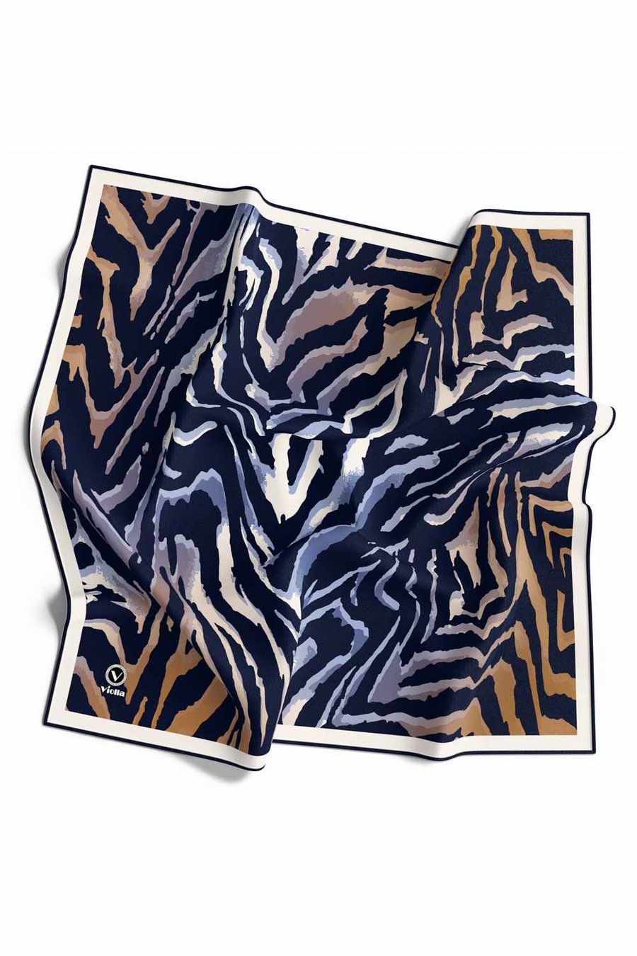 Kristal Zebra Desenli Bej - Lacivert Renkli 90x90 Eşarp (İpek İçermez) Kenar Dikiş Şekli El Dikişli