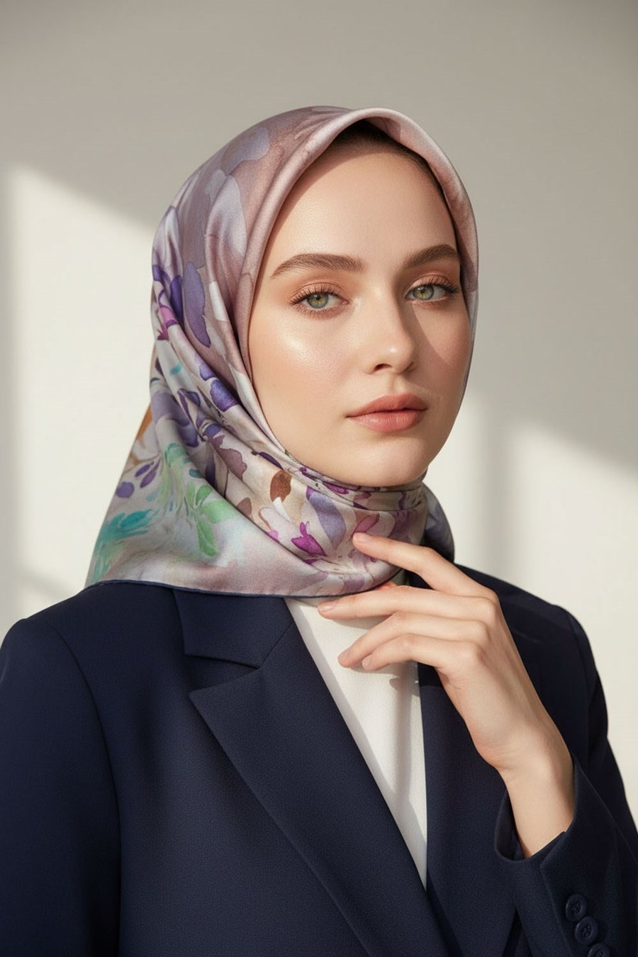 %100 Twill İpek Çiçek  Desenli Lacivert Renkli 90x90 Eşarp Dikim Şekli : El Dikişi