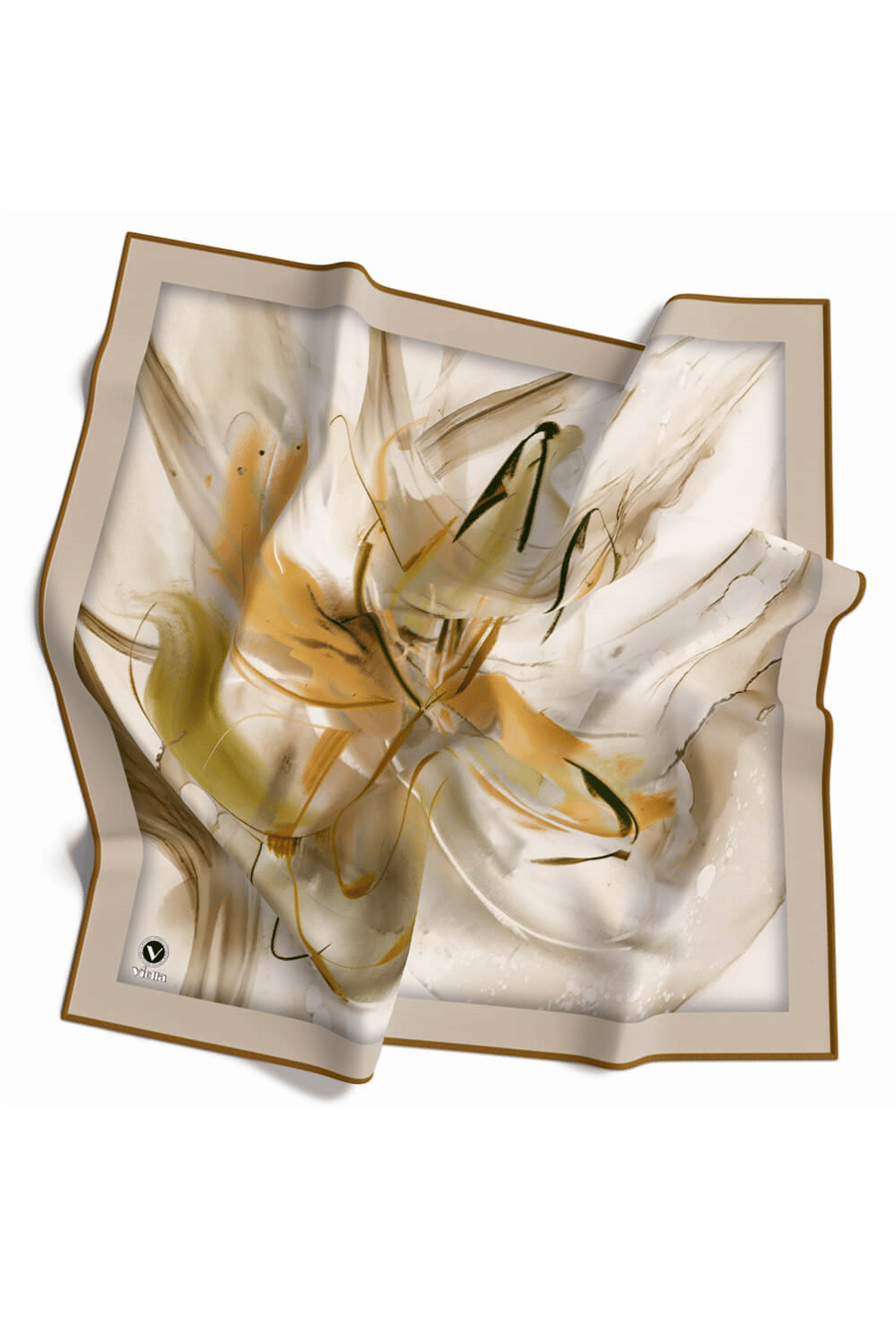 Twill Çiçek Tablo Desenli Hardal Renkli 90x90 Eşarp (İpek İçermez) Kenar Dikiş Şekli El Dikişli