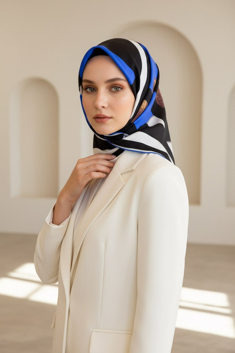 %100 Twill İpek Karo Desenli Saks - Siyah Renkli 90x90 Eşarp Dikim Şekli : El Dikişi