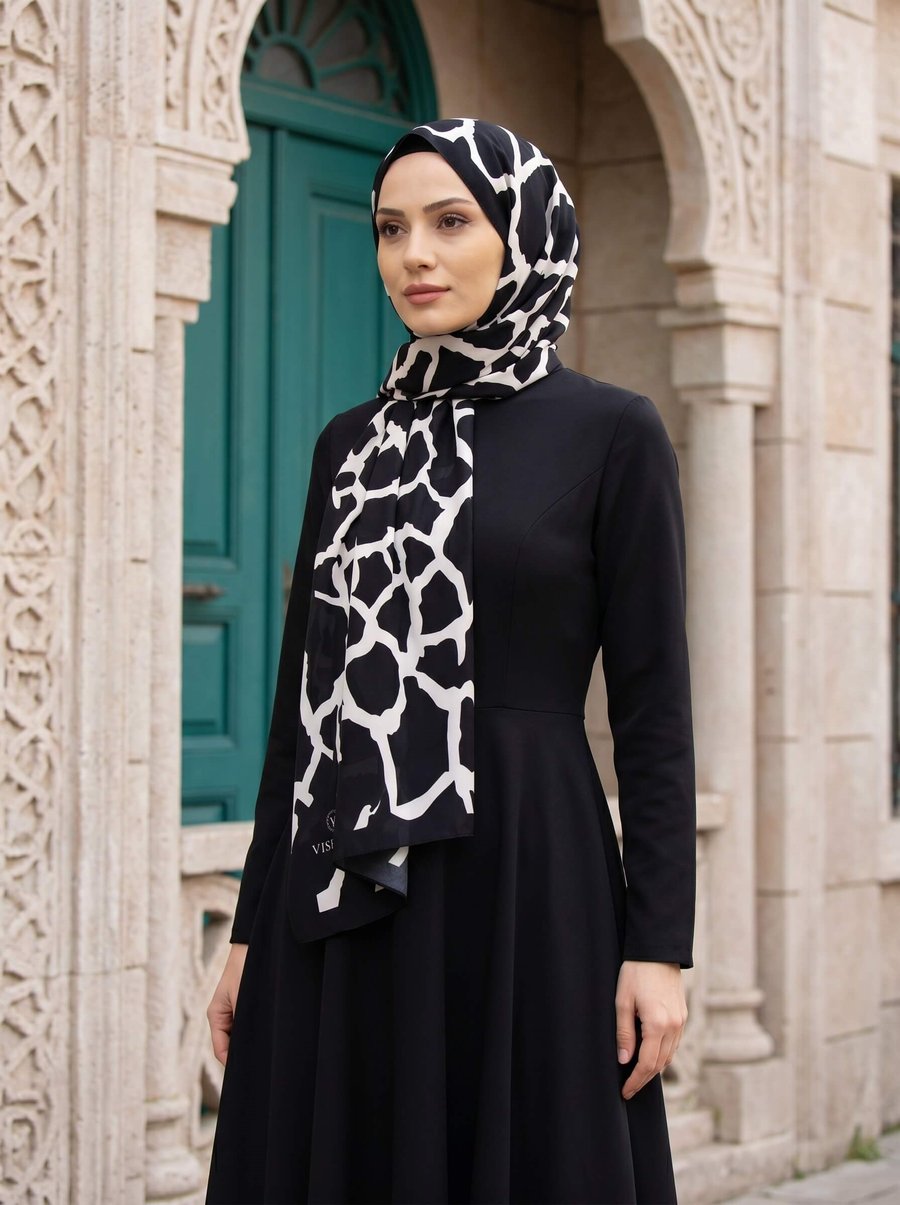 KREP TAŞ DESENLİ SİYAH - BEYAZ RENKLİ 75X195 KIRIŞMAZ ŞAL