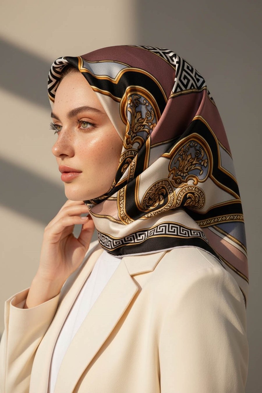 %100 Twill İpek Barok Desenli Pudra - Gri Renkli 90x90 Eşarp Dikim Şekli : El Dikişi