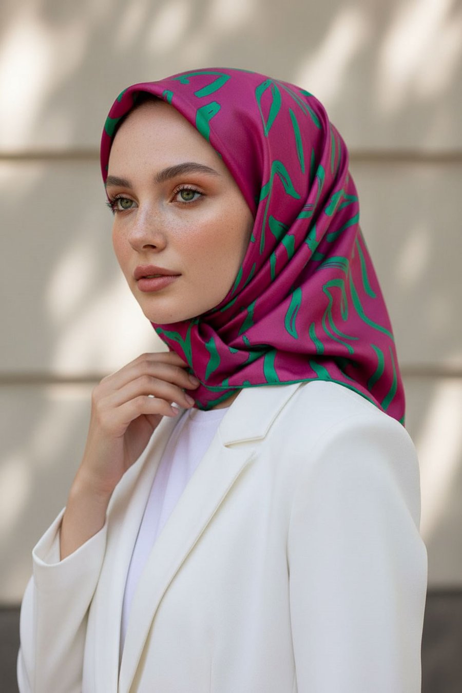 %100 Twill İpek Büyük Çiçek Desenli Fuşya - Koyu Mint Yeşili Renkli 90x90 Eşarp Dikim Şekli : El Dikişi