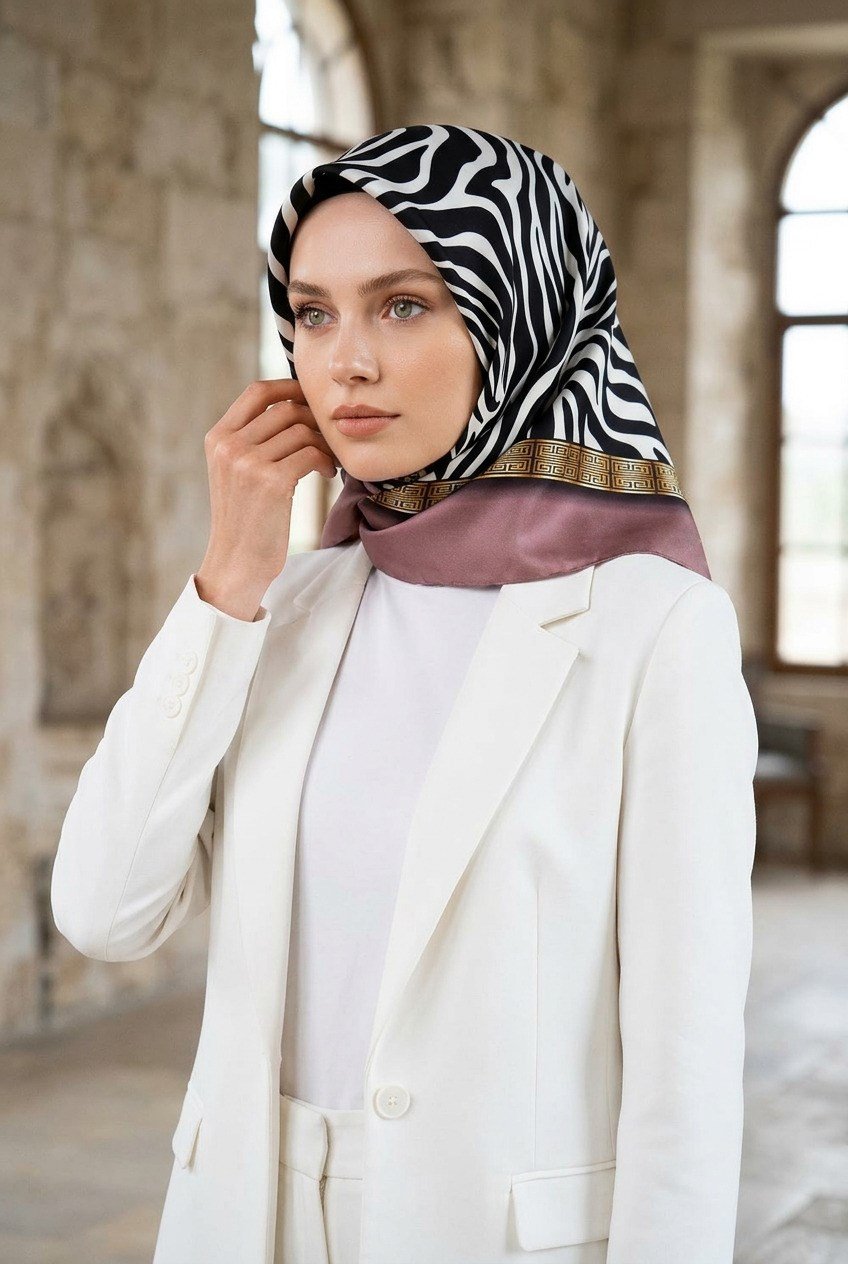 %100 Twill İpek Zebra Desenli Pudra - Gold Renkli 90x90 Eşarp Dikim Şekli : El Dikişi