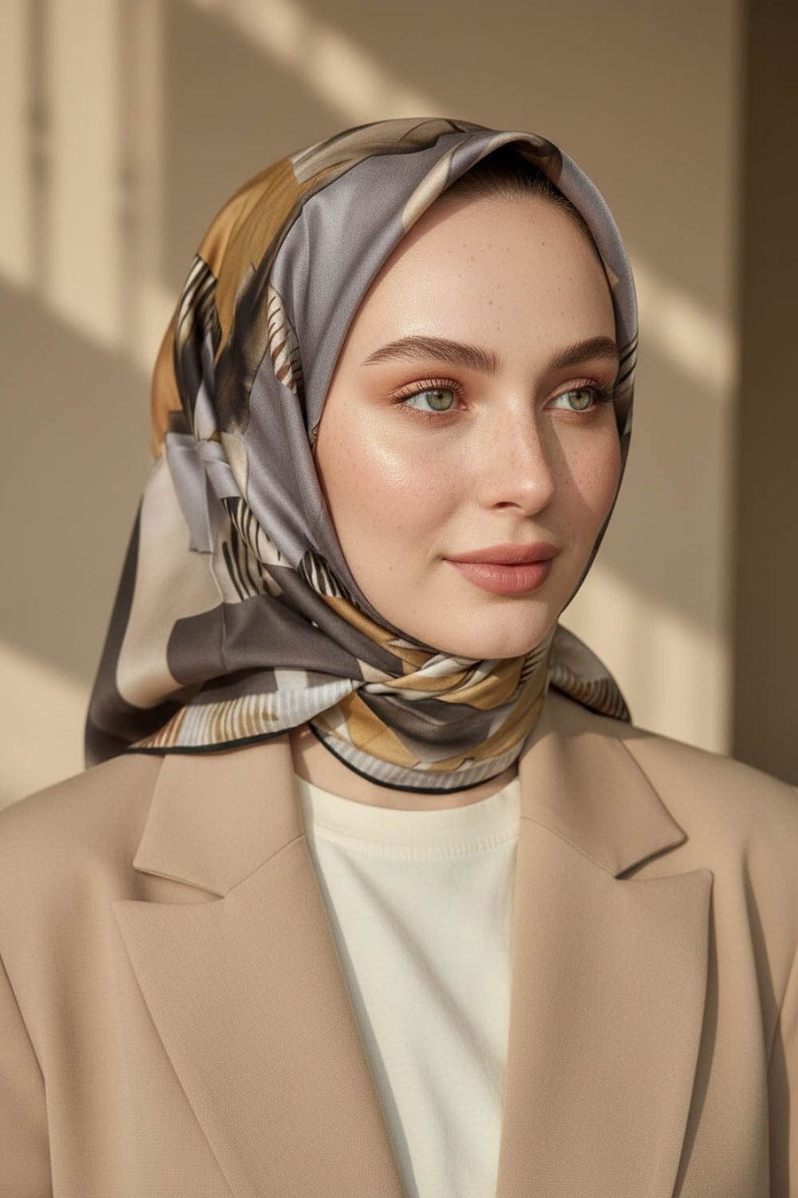 %100 Twill İpek Geometrik Desenli Gri - Bej Kabuğu Renkli 90x90 Eşarp Dikim Şekli : El Dikişi