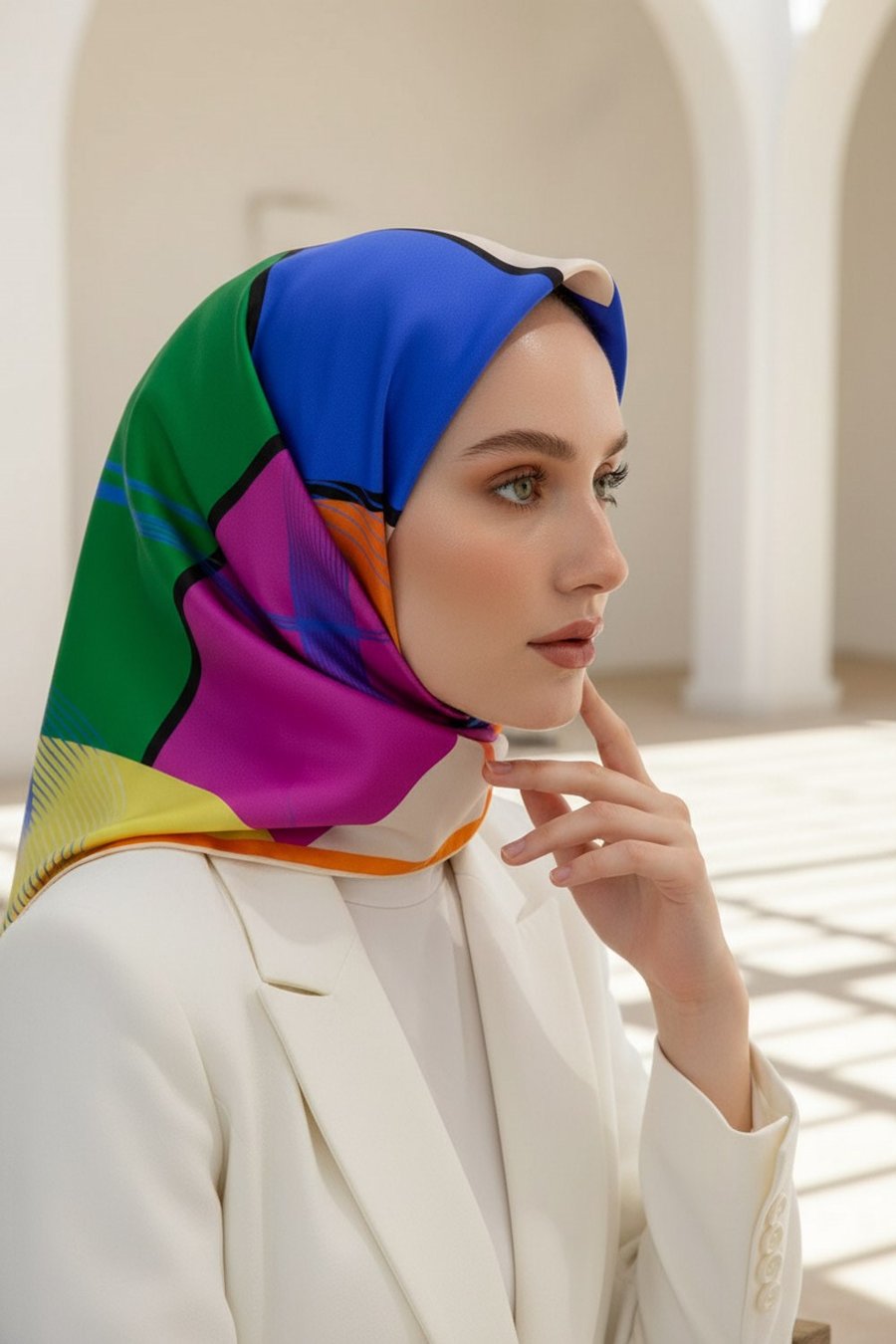 %100 Twill İpek Geometrik Desenli Turuncu - Saks Renkli 90x90 Eşarp Dikim Şekli : El Dikişi
