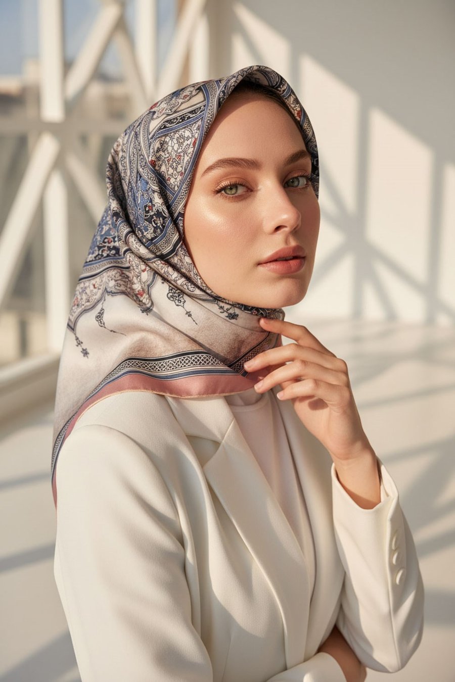 % 57 İPEK % 43 VİSKON Twill İpek Şal Desenli Pudra - Bebe Mavisi Renkli 90x90 Eşarp Dikim Şekli : El Dikişi