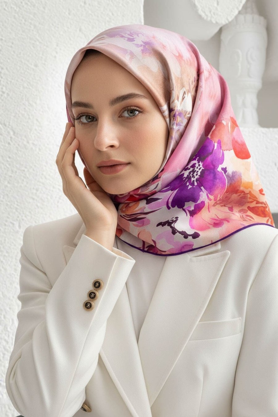 %100 Twill İpek Çiçek  Desenli Mor Renkli 90x90 Eşarp Dikim Şekli : El Dikişi