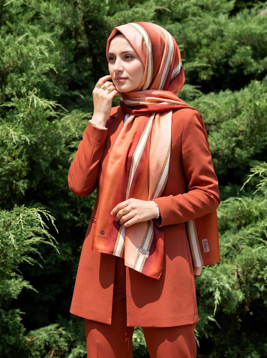 %100 Saf İpek Şal İnce Saten Vual Dokuma Şerit Desenli Taba - Krem Renkli 90x210 Şal