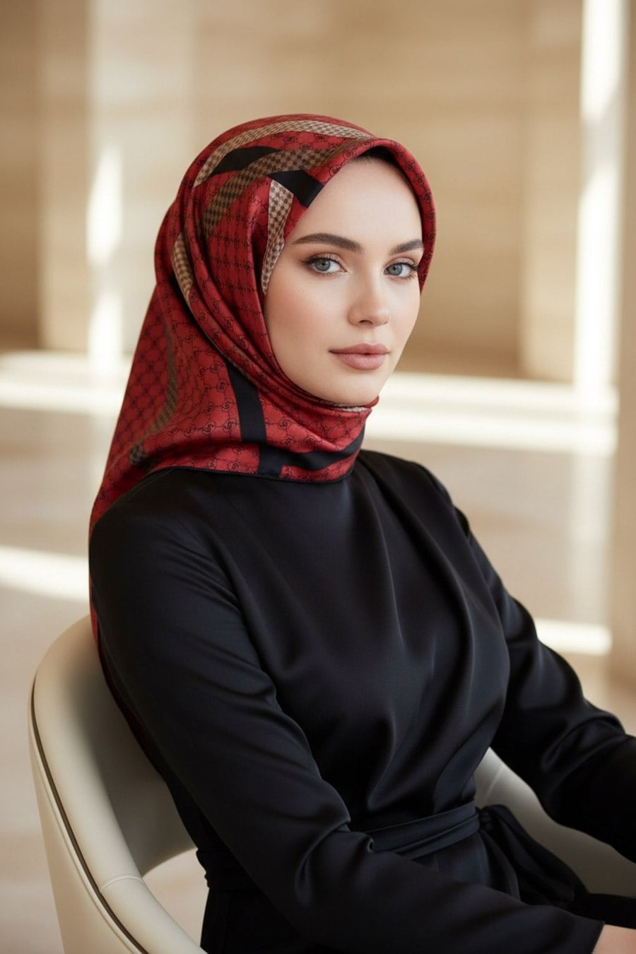 %57 İPEK %43 VİSKON Twill İpek Monogram Ve Şerit Desenli Bordo - Siyah Renkli 90x90 Eşarp Dikim Şekli : El Dikişi