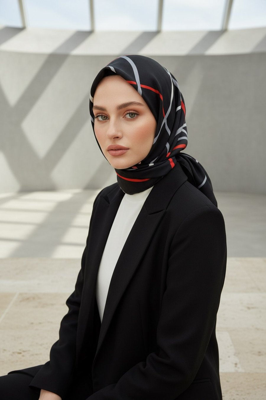 %57 İPEK %43 VİSKON Twill İpek Çizgili Desenli Siyah - Kırmızı Renkli 90x90 Eşarp Dikim Şekli : El Dikişi