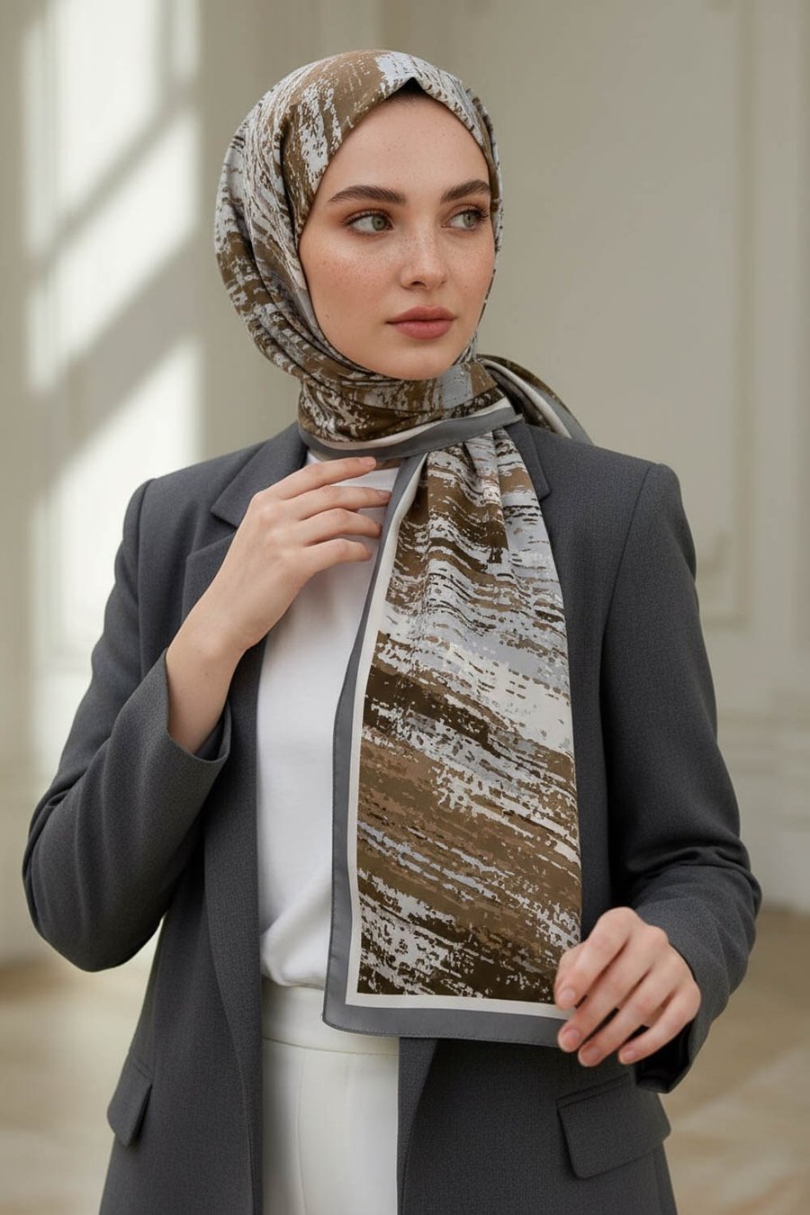 KREP FIRÇA DESENLİ GRİ RENKLİ 75X195 KIRIŞMAZ ŞAL