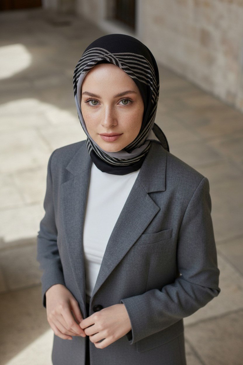 % 57 İPEK % 43 VİSKON Twill İpek Geometrik Desenli Gri Renkli 90x90 Eşarp Dikim Şekli : El Dikişi